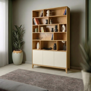 ספרייה מעץ מעוצבת עם מדפים ו3 דלתות