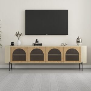 מזנון בשילוב של עץ וזכוכית פסים